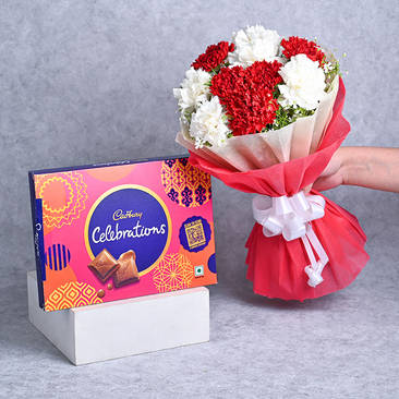 Combo of Red and White Carnations with Cadbury Celebrations Box