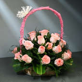 20 Baby Pink Roses in Round Handle Flower Basket
