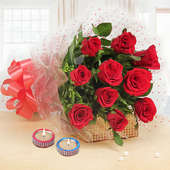 10 Red Roses Bunch with 2 Diyas