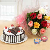 Sweetness Of Love Combo - 10 mixed roses with Half kg Black Forest cake and 2 Designer Diyas