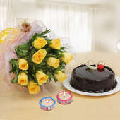 Warm Wishes - Diwali gift combo of 10 yellow roses with half kg chocolate truffle cake and 2 diyas