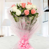 Front view of 10 white and 10 pink roses bouquet - First gift of An Alluring Hamper