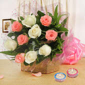 10 Pink and White Roses with 2 Diyas