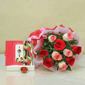 10 Pink and red Roses with Rakhi and Roli Chawal