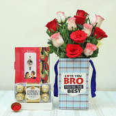Rakhi With Twelve Red N Pink Roses N Ferrero Rocher Box