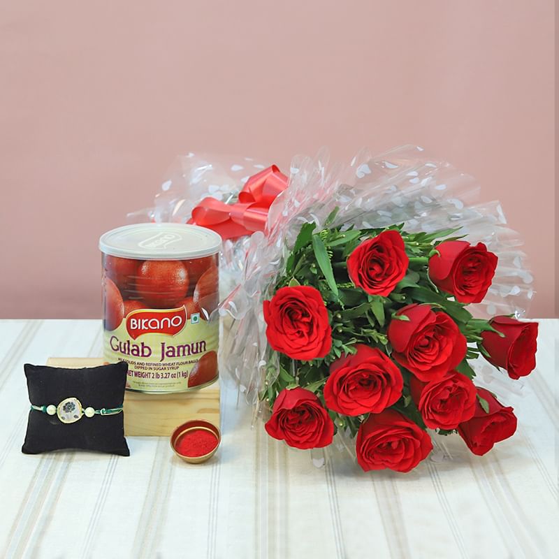 Rakhi With Flowers - Gulab Jamun Red Roses Rakhi Combo