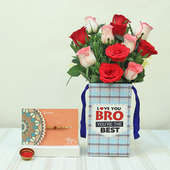 12 Red and Pink Roses with Rakhi in a Flower Box for Brother