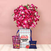 Combo of 6 Purple Orchids, One Rudraksh Rakhi, 2 Dairy Milk Silk and Complimentary Roli Chawal