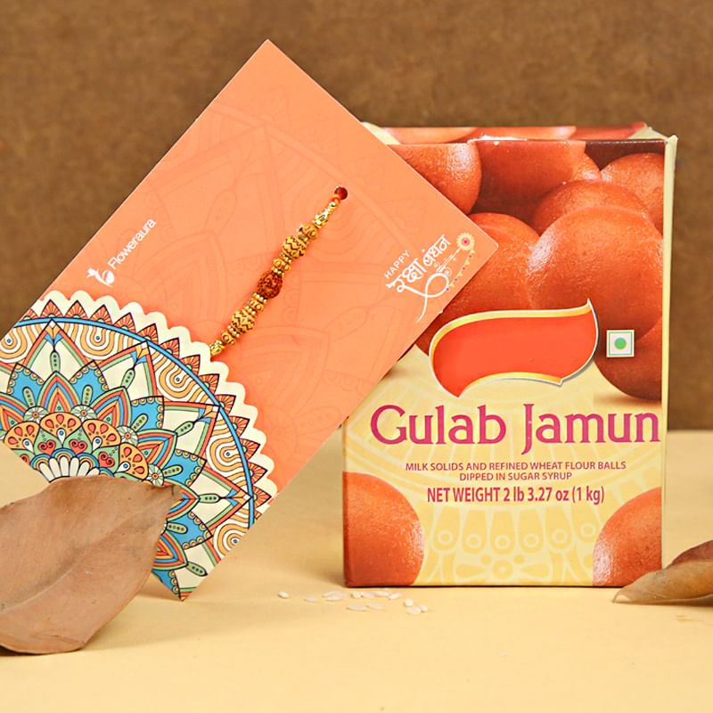 Rudraksha Rakhi With Gulab Jamun - One Rudraksh Rakhi with Roli and Chawal and 1 Kg Gulab Jamun