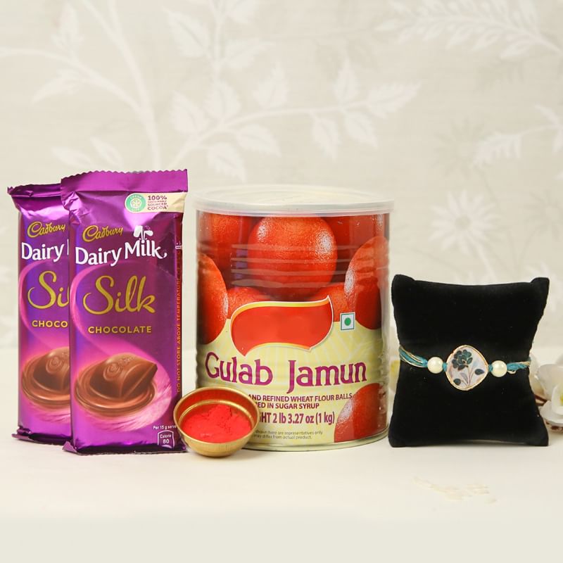 Rakhi with Two Dairy Milk Silk and One Kg Gulab Jamun