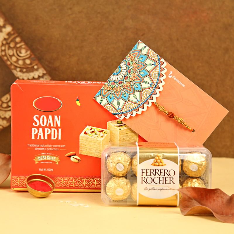Rakhi with Sixteen Ferrero Rochers and Half Kg Soan Papdi
