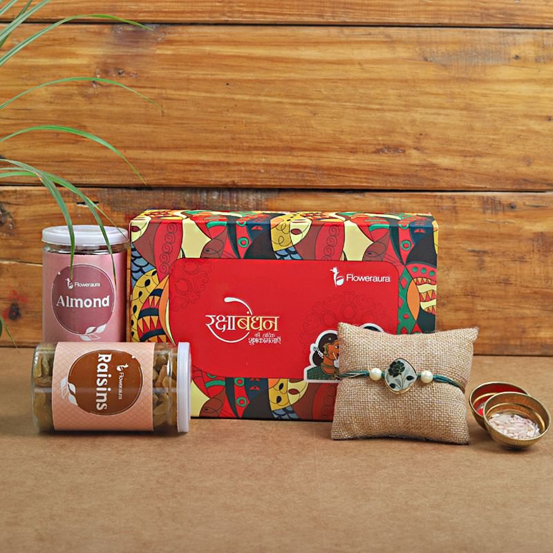 Rudraksha Rakhi Signature Box - One Rudraksh Rakhi with Roli and Chawal and 100gm Almonds and 100gm Raisins and One Floweraura Signature Box