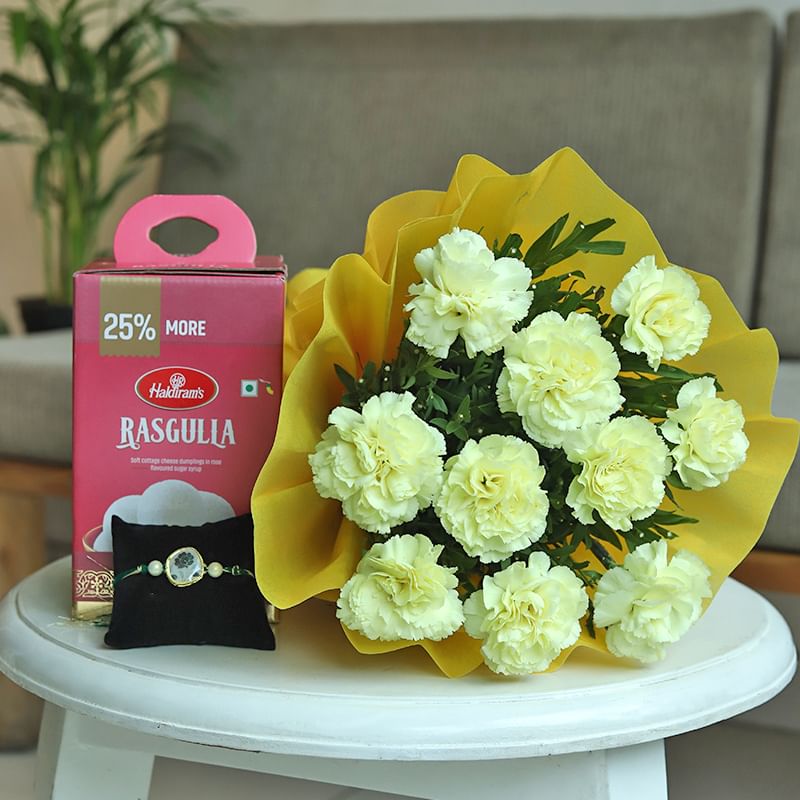 Rasgulla Rakhi Carnations Combo
