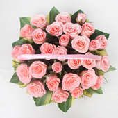 Arrangement of 30 fresh Pink Roses in Basket with Top View