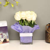 Order White Roses Online in Glass Vase