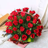 A basket of 40 long stem Red Roses with Top View
