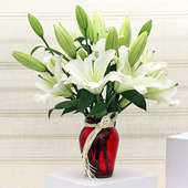 White Lily N Glass Vase: Arrangement of 5 White Lilies
