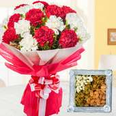 The combo consists a bunch 12 lovely red and white carnation in nice packing and 1/2 kg dry fruits
