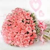 Bunch of 100 fresh pink roses in Horizontal View