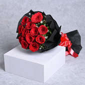 Bouquet of 12 Red Roses in Black Paper Packing