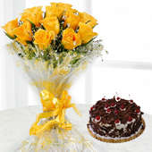 12 Yellow rose flowers with 1/2 kg blackforest cake
