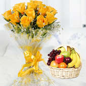 12 Yellow rose flowers with 2 kg fruit basket
