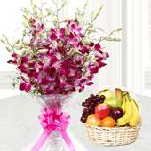 Purple orchid flowers with 2 kg fruit basket
