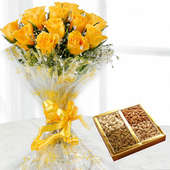 12 Yellow rose flowers with 1/2 kg dry fruit