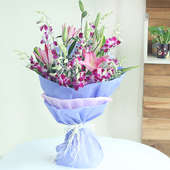 Bouquet of 10 Purple Orchids and 3 Pink Lilies