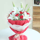Peaceful Blossoms - White Lilies Red Carnations Red and White Paper Packaging