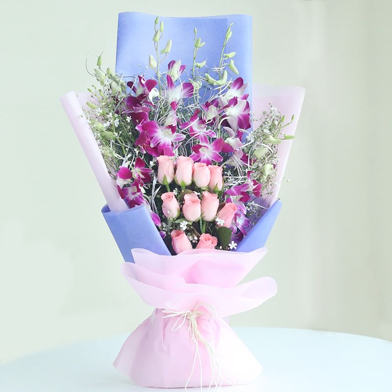 Mix Flower Bouquet - Picturesque Natural Beauty - 6 Purple Orchids and 10 Pink Roses