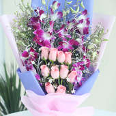 Picturesque Natural Beauty - 6 Purple Orchids and 10 Pink Roses