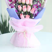 Picturesque Natural Beauty - 6 Purple Orchids and 10 Pink Roses