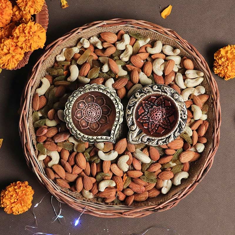 Basket of Dry Fruits with Designer Diyas for Diwali