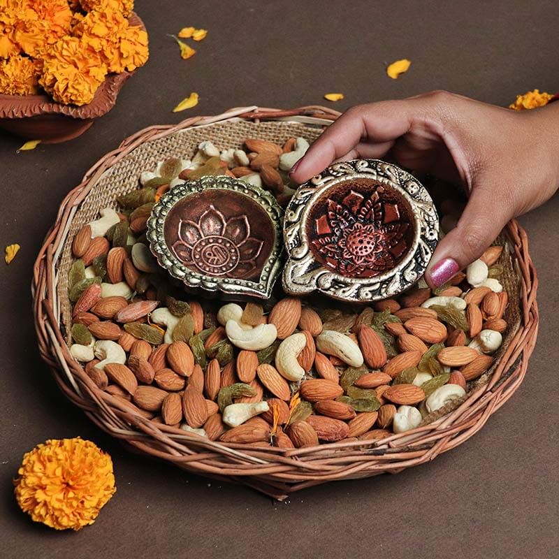 Dry Fruits Basket with Designer Diyas for Diwali