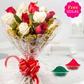 White and red Roses Holi bouquet with free Gulal
