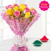 Holi flower - Yellow and pink rose flowers bunch with free gulal