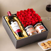 Combo Of Roses With Almonds N Cookies N Non Alcoholic Wine