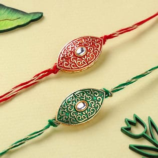 Ethnic Red n Green Stone Rakhi Set