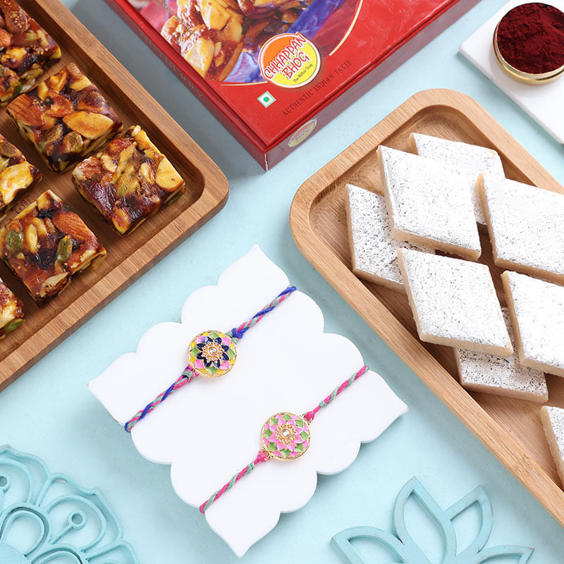 Two Enamel Rakhis With Kaju Katli N Nutberry