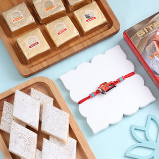Mcqueen Car Rakhi With Kaju Katli N Mewa Bites