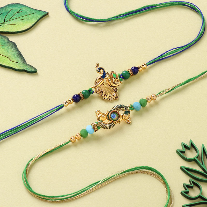 Set Of Two Majestic Peacock Rakhis