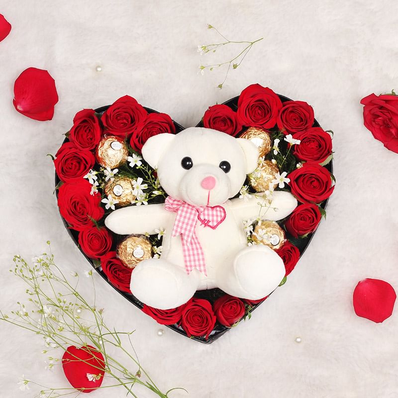 Heart Shape Arrangement of Rose with Ferrero and Teddy