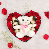 Heart Shape Arrangement of Rose with Ferrero and Teddy