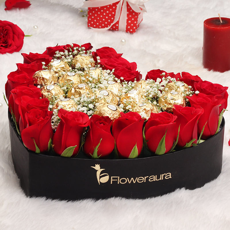 Red Roses in a Heart-Shaped with Ferrero Rose: Valentine Chocolate Gift