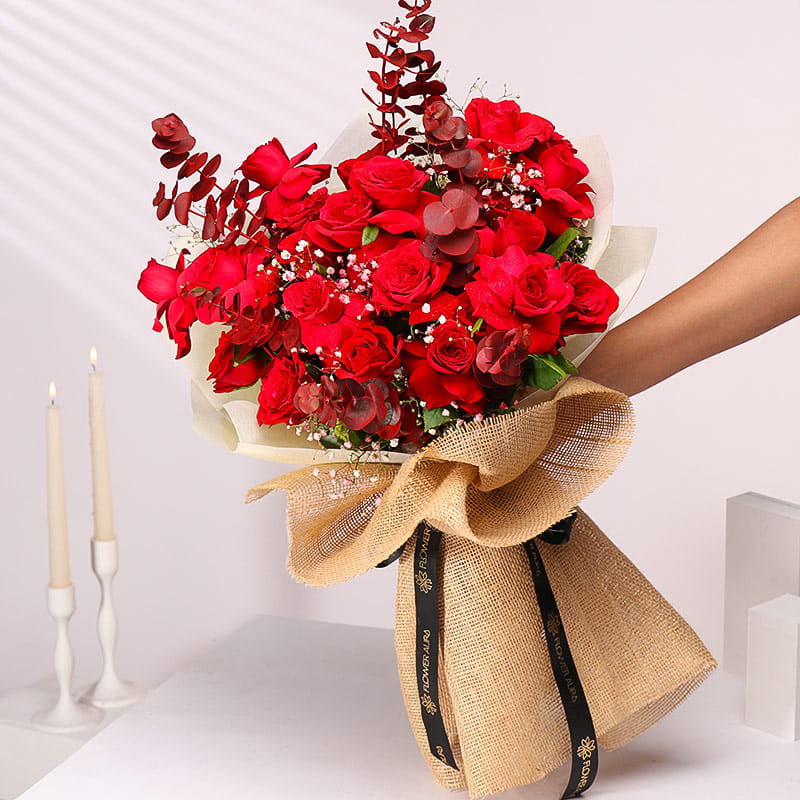 Jute Wrapped Red Rose Bouquet