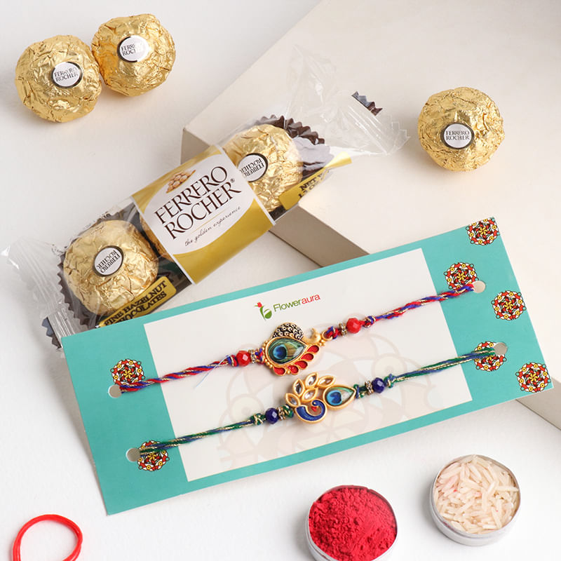 Set of 2 Peacock Rakhi with Ferrero Rocher