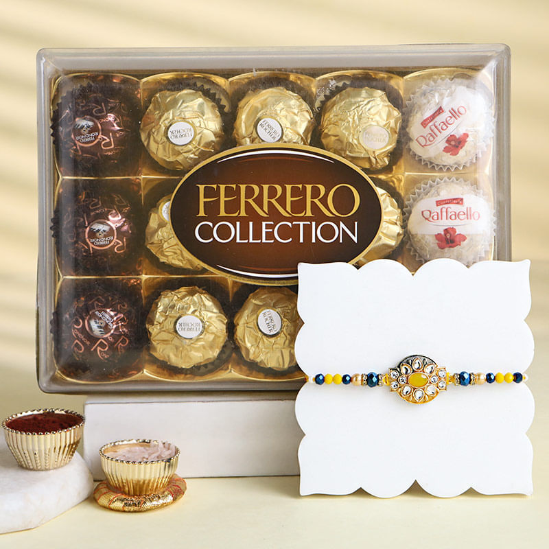 Golden Glow Designer Beaded Rakhi With Choclates