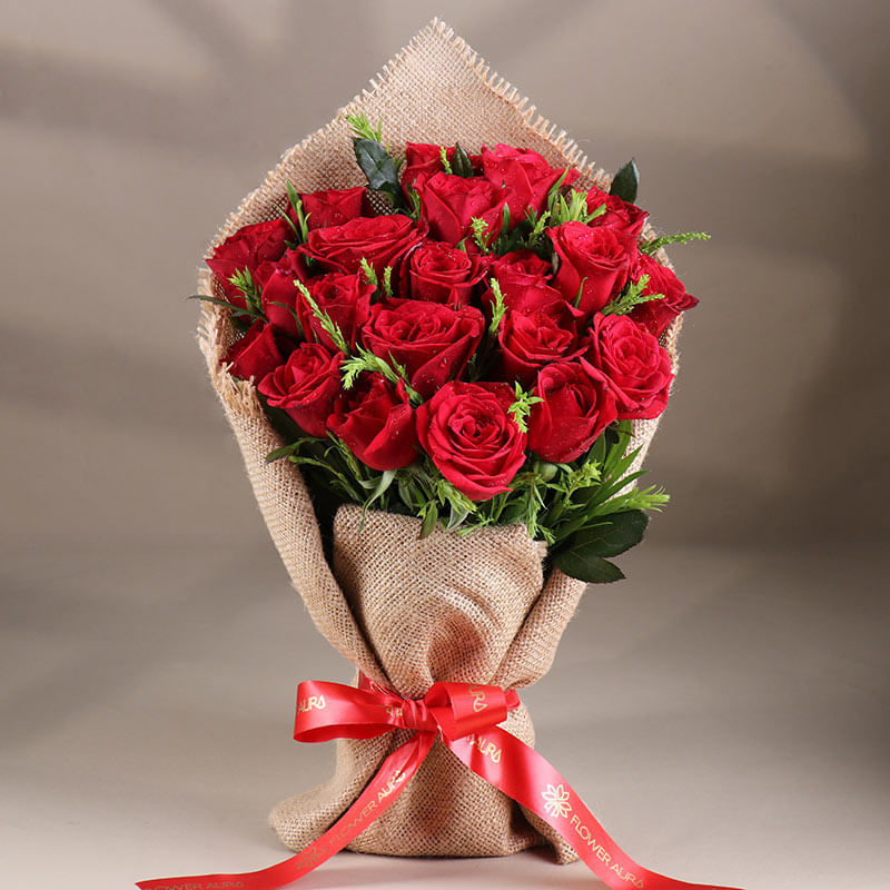 Bouquet of 20 Red Roses in a stunning jute packaging