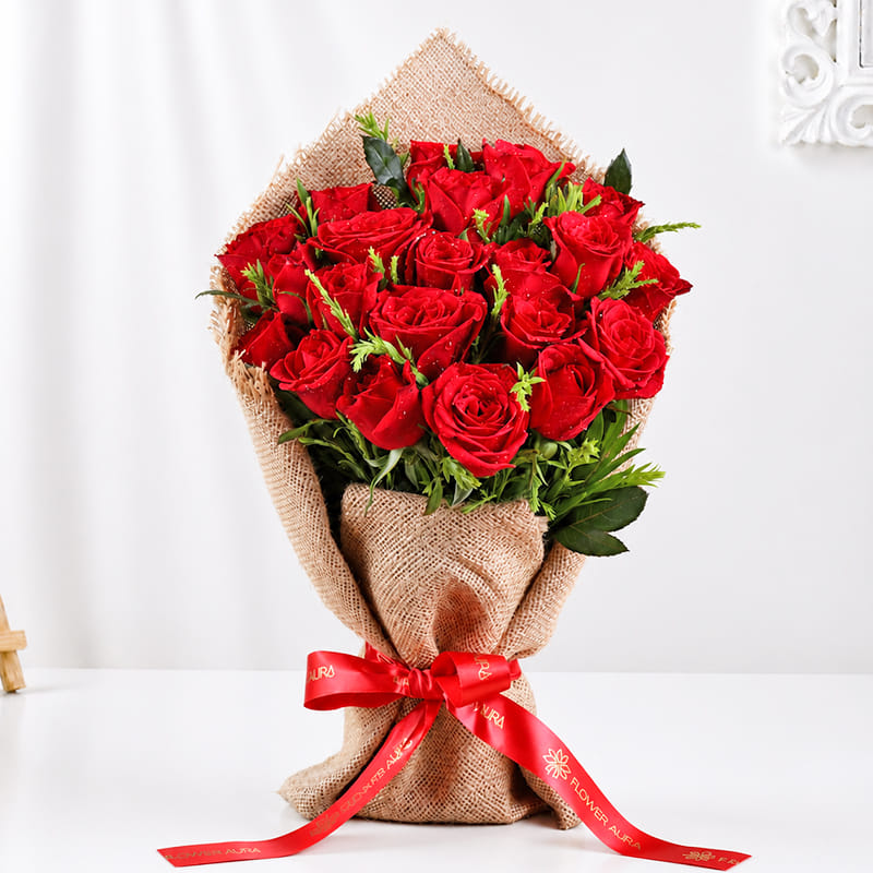 Jute Wrapped Red Rose Bouquet